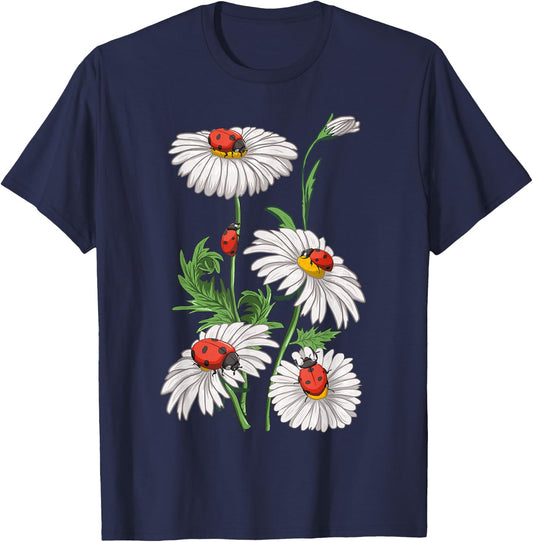 Ladybugs Daisies Chamomile Marguerites Bouquet Gardeners T-Shirt - T-Shirt | Navy