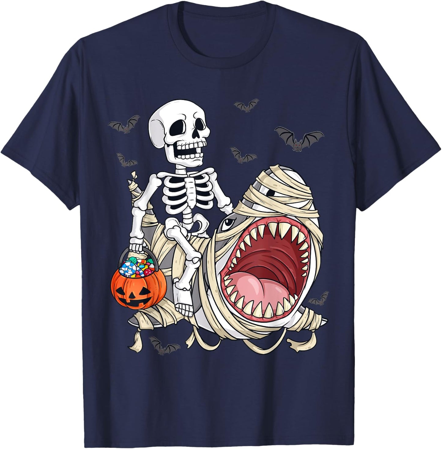 Skeleton Riding Mummy Shark Funny Halloween Pumpkin Kids T-Shirt - T-Shirt | Navy