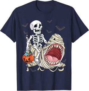 Skeleton Riding Mummy Shark Funny Halloween Pumpkin Kids T-Shirt - T-Shirt | Navy