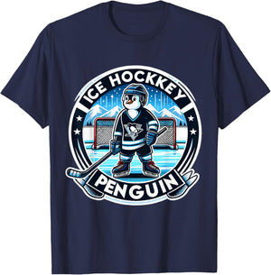 Funny Penguin design for kids, men and women Black Penguin Ice Hockey Small T-Shirt - T-Shirt | Navy