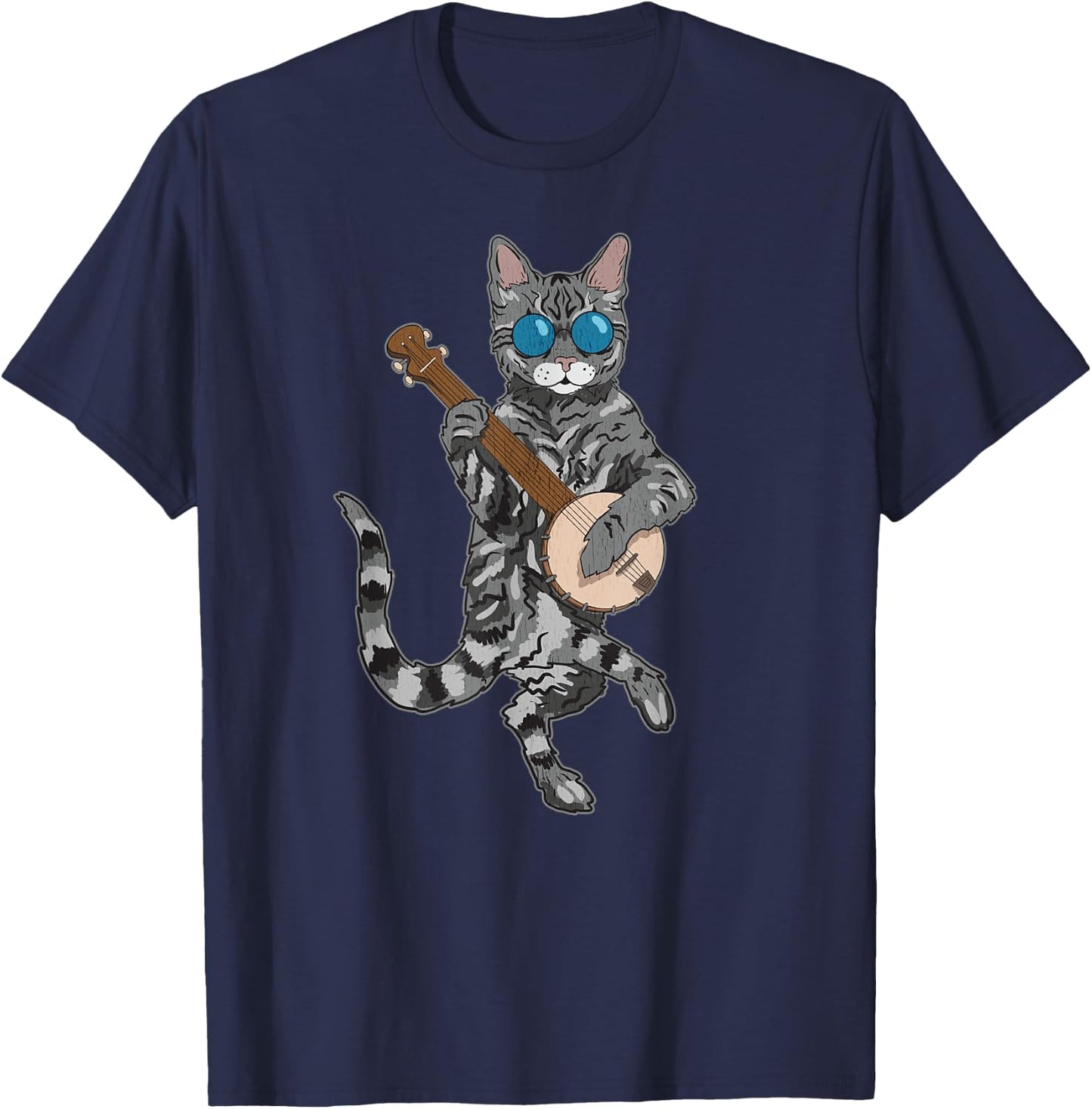 Banjo Cat Funny Retro Style Bluegrass & Tabby Feline Lover T-Shirt - T-Shirt | Navy