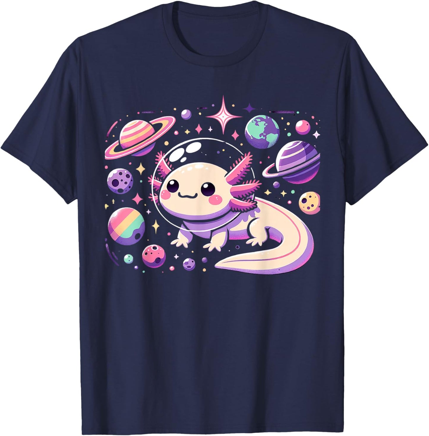 Kawaii Axolotl in Space with Planets Stars Anime Aesthetic T-Shirt - T-Shirt | Navy