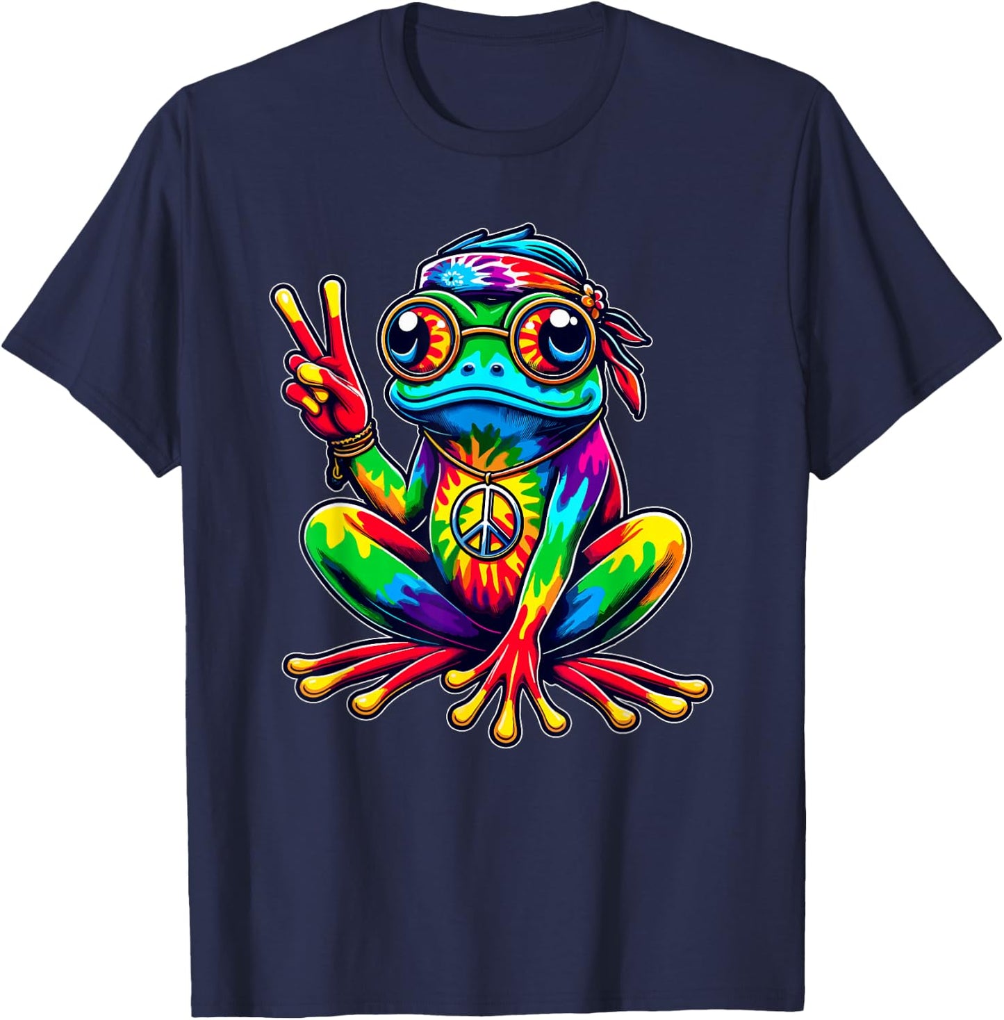 Hippie Tie-Dye Frog, 60s Party & 70s Costume, Peace Sign T-Shirt - T-Shirt | Navy