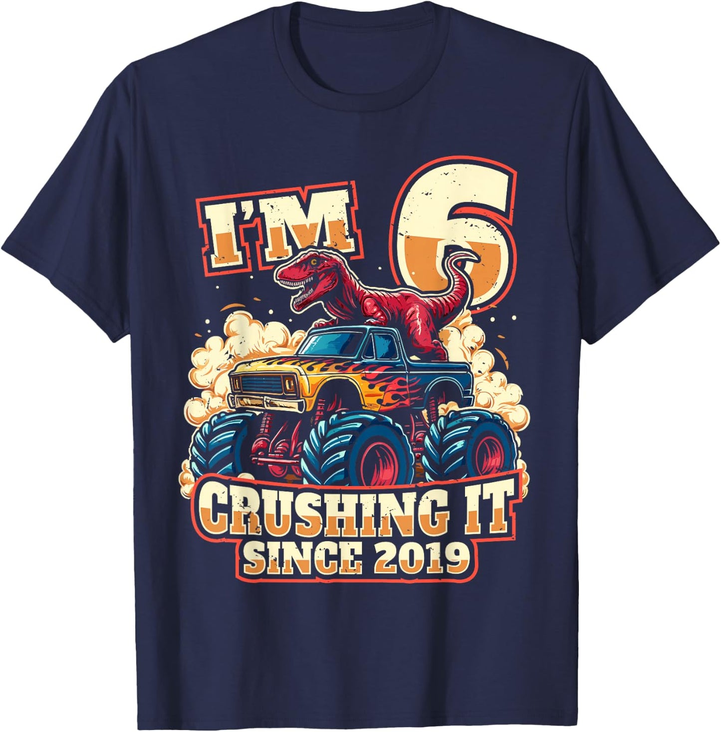 6 Year Old Boys 6th Birthday Dinosaur Monster Truck Party T-Shirt - T-Shirt | Navy