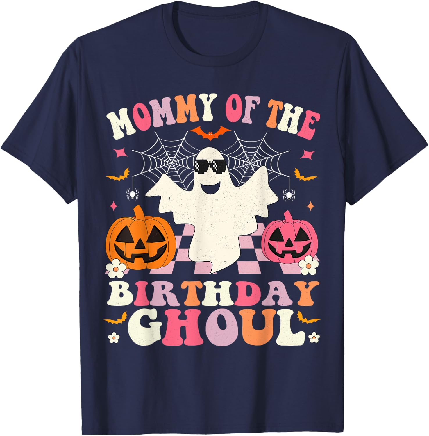 Mommy Of The Birthday Ghoul Groovy Halloween Ghost Spooky T-Shirt - T-Shirt | Navy