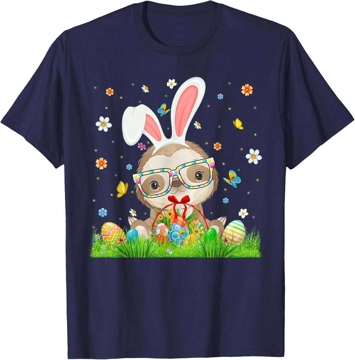 Cute Bunny Sloth & Easter Egg Basket Happy Easter Day Kids T-Shirt - T-Shirt | Navy