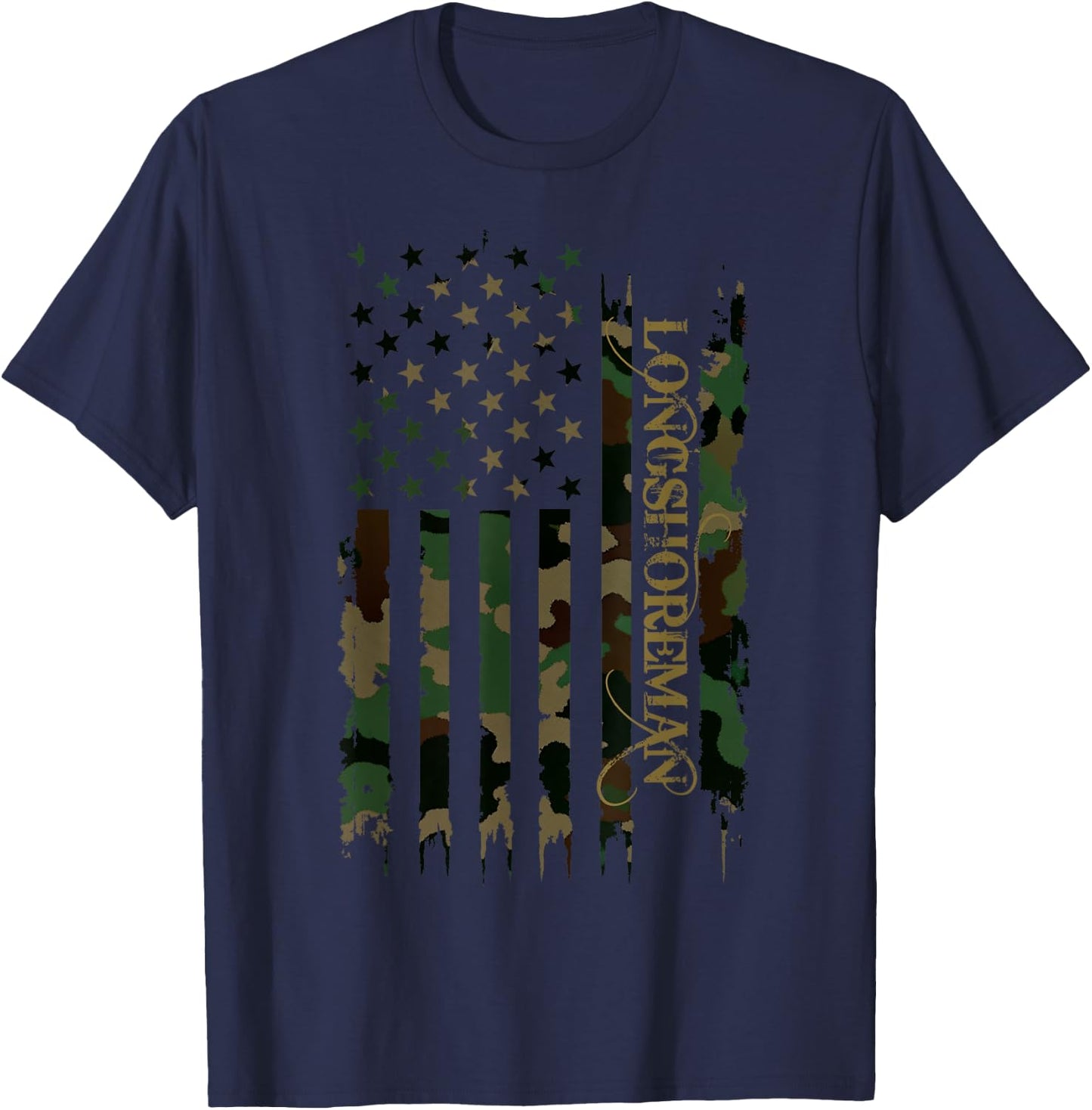 Longshoreman United States Distressed Camo w US Flag T-Shirt - T-Shirt | Navy