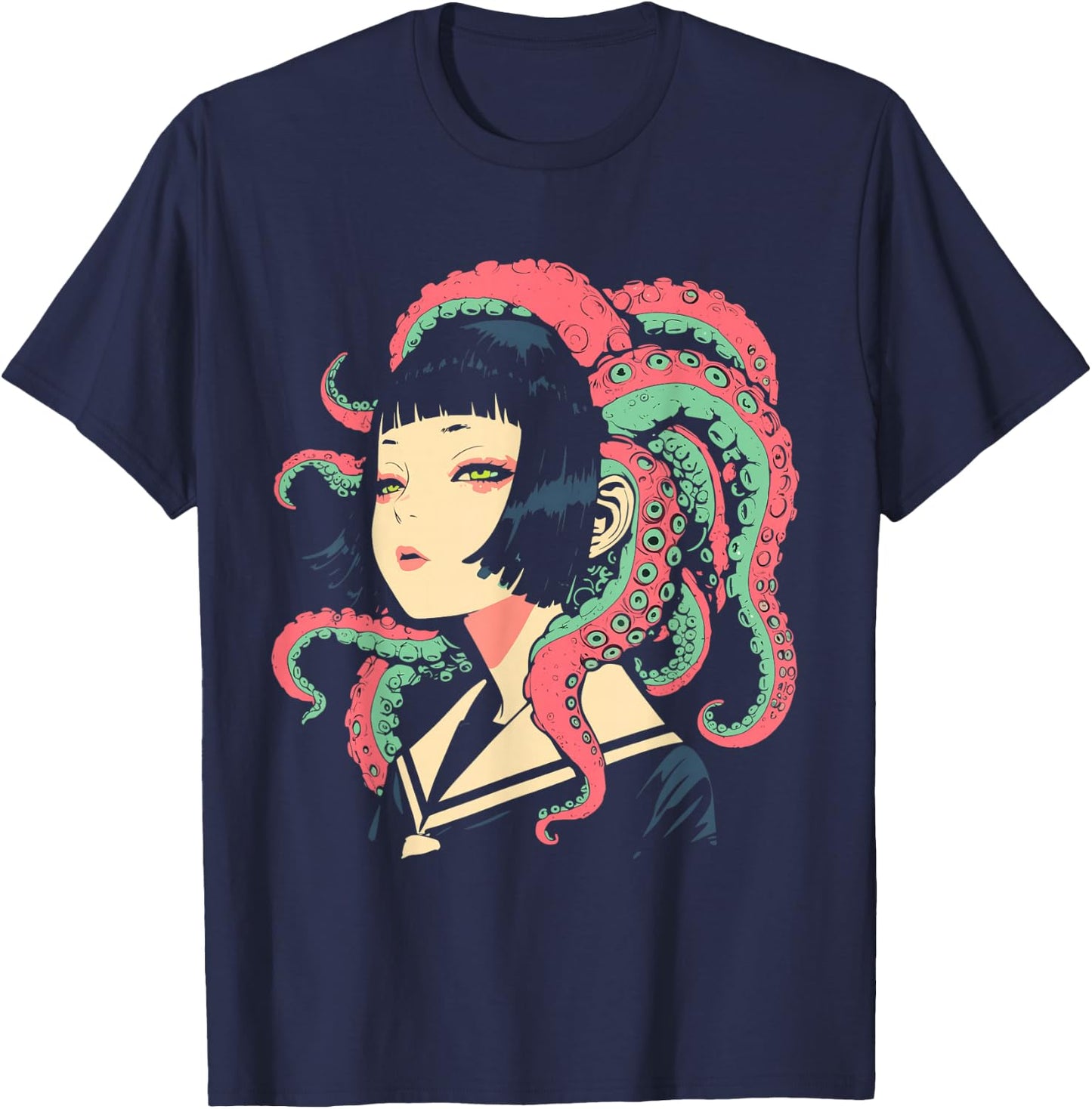 Weirdcore Anime Octopus Girl Trippy Manga Gothic Aesthetic T-Shirt - T-Shirt | Navy