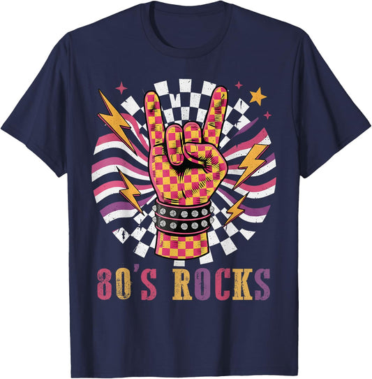 Checkered 80s Rocks Retro Vintage 1980s Rock & Roll Music T-Shirt - T-Shirt | Navy
