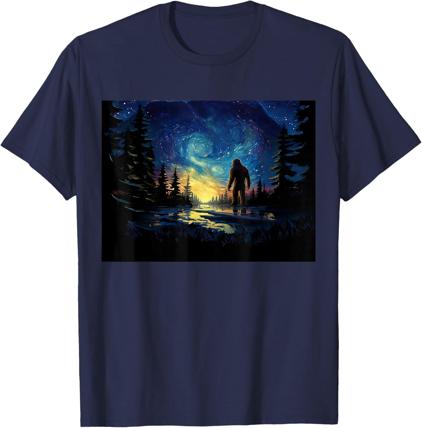Funny Bigfoot Hiking Art Starry Night Hiker Want to Believe T-Shirt - T-Shirt | Navy