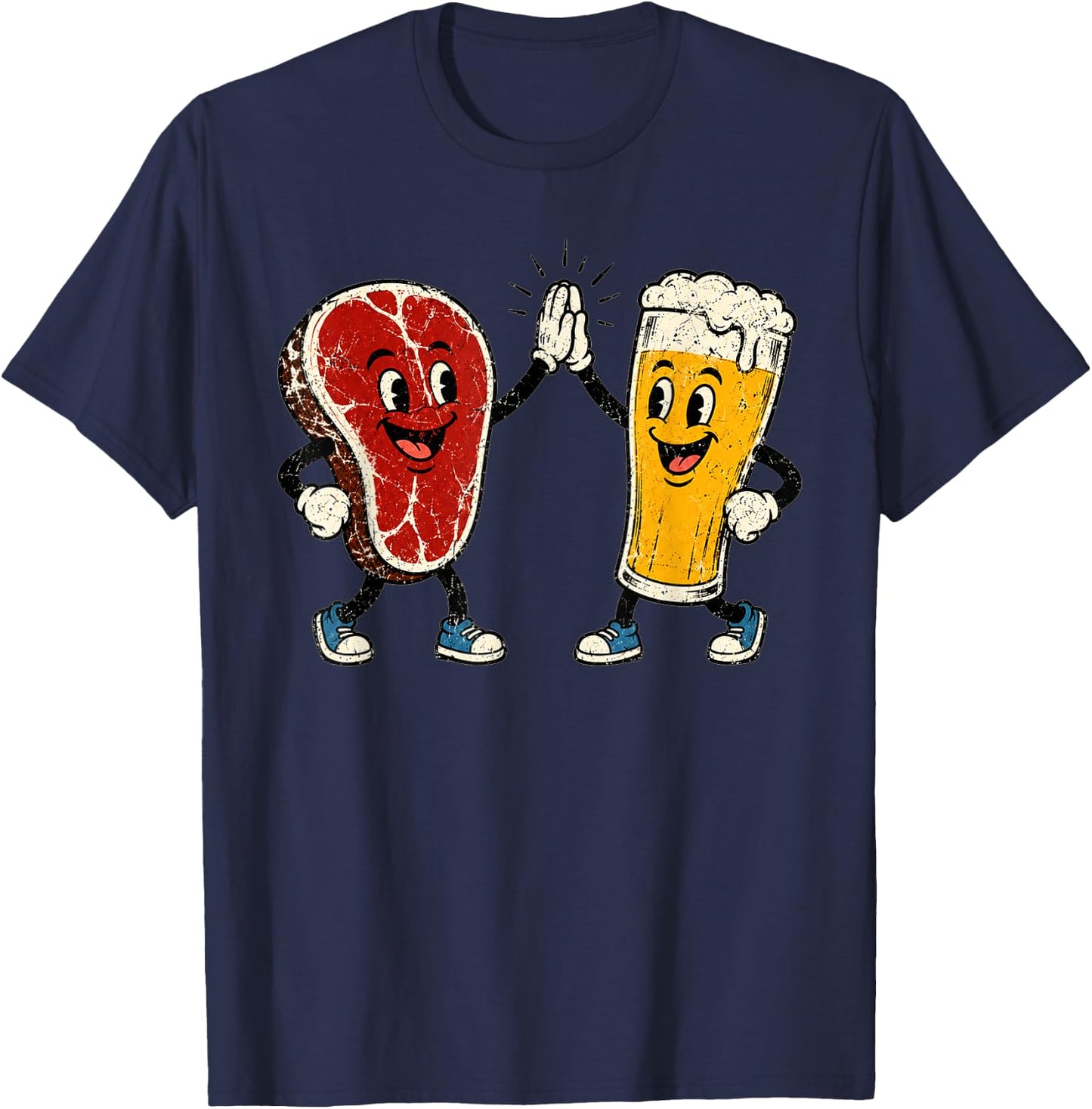 Steak and Suds Funny Steak Beer Retro Cartoon High Five Food T-Shirt - T-Shirt | Navy