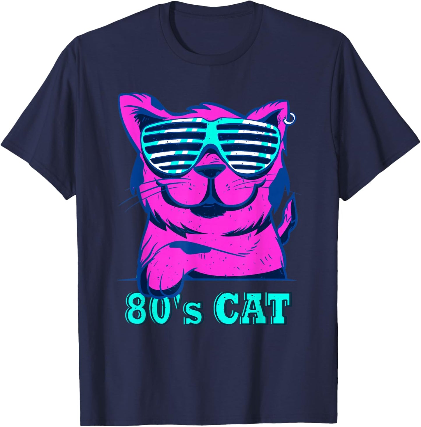 80s Colourful Retro Outfit Party Cat , black, s T-Shirt - T-Shirt | Navy