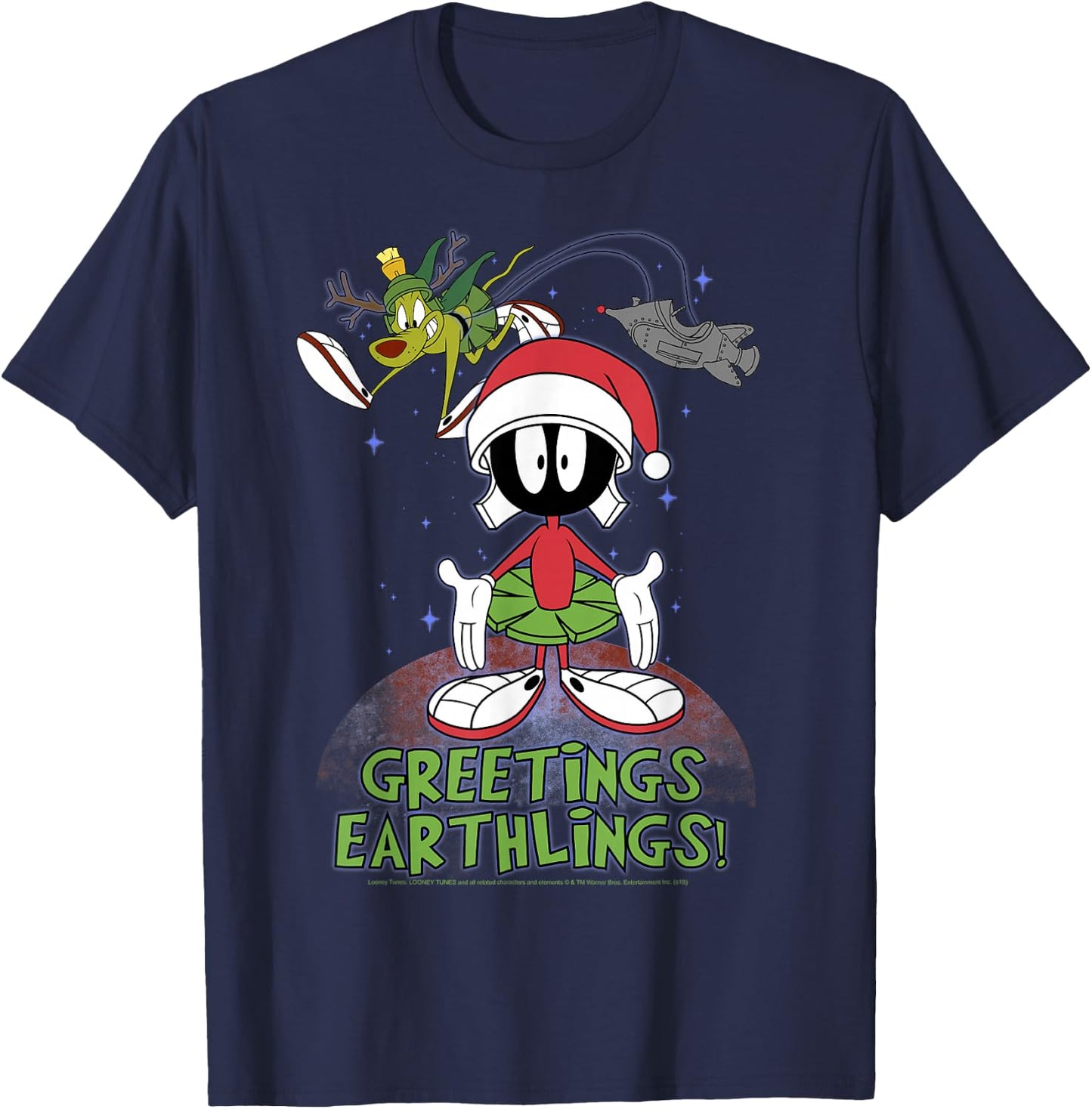 Looney Tunes Christmas Marvin Greetings Earthlings T-Shirt - T-Shirt | Navy