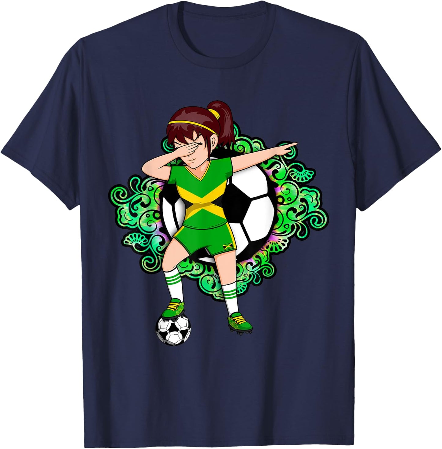 Dabbing Soccer Girl Jamaica Jersey Floral Football Flower T-Shirt - T-Shirt | Navy