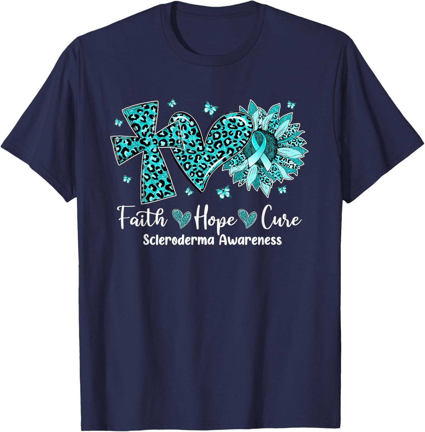 Faith Hope Cure Sunflower Leopard Scleroderma Awareness T-Shirt - T-Shirt | Navy