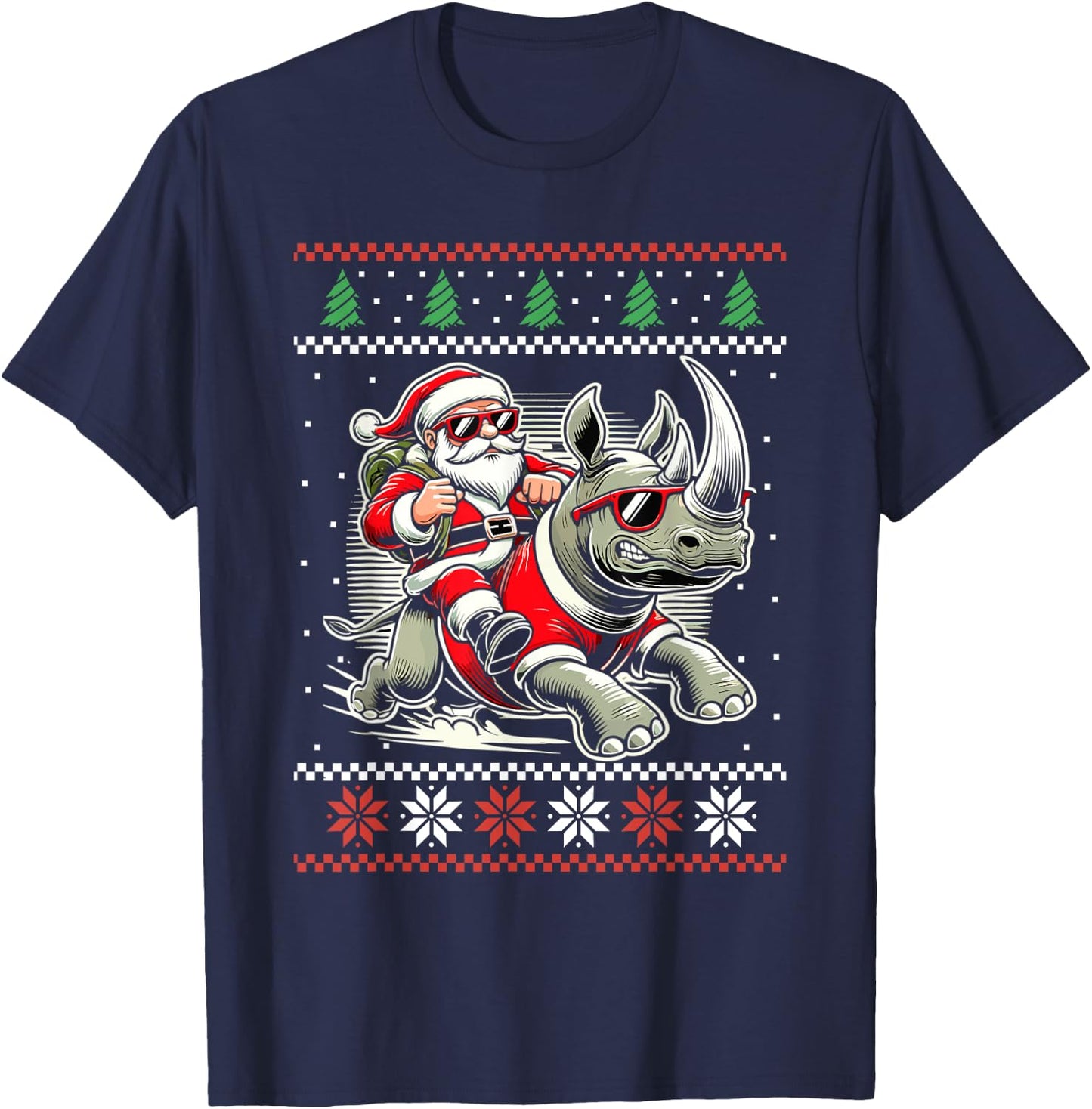 Santa Riding Rhinoceros Ugly Christmas Sweater Rhino Xmas T-Shirt - T-Shirt | Navy