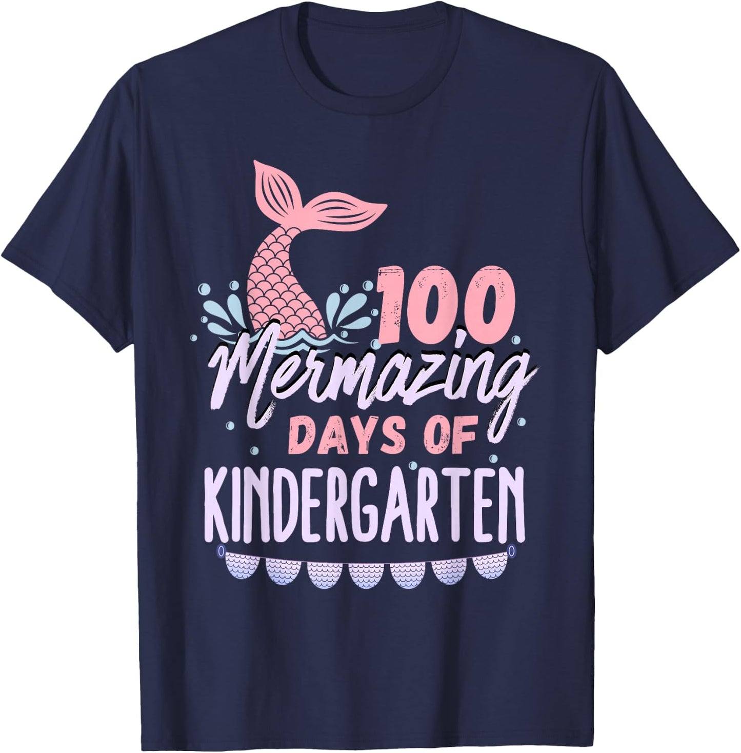 Girls 100 Days Of Kindergarten 100th Day Of School Mermaid T-Shirt - T-Shirt | Navy