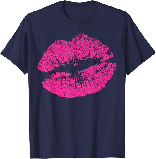 Sexy Pink Lips Print Kiss for Seductive Women Girlfriend , black T-Shirt - T-Shirt | Navy