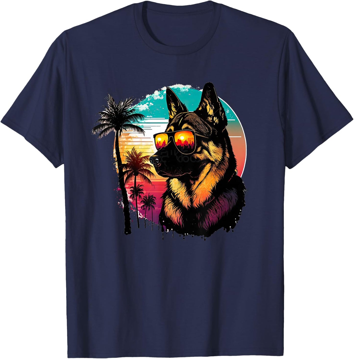 Funny German shepherd Dog Sunglasses Sunset vintage T-Shirt - T-Shirt | Navy
