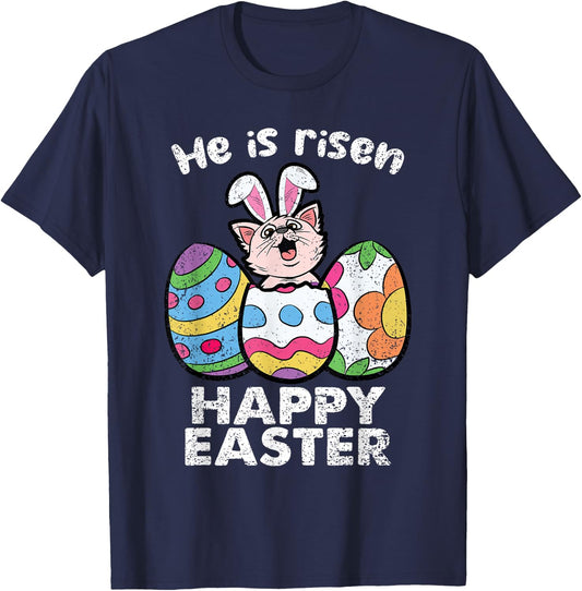Happy Easter Cat Lover He Is Risen Egg Hunting Kitten Kitty Men Women Girls Kids T-Shirt - T-Shirt | Navy