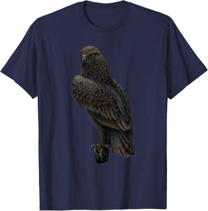realistic Hawk bird sitting on branch for lover Ornithology T-Shirt - T-Shirt | Navy