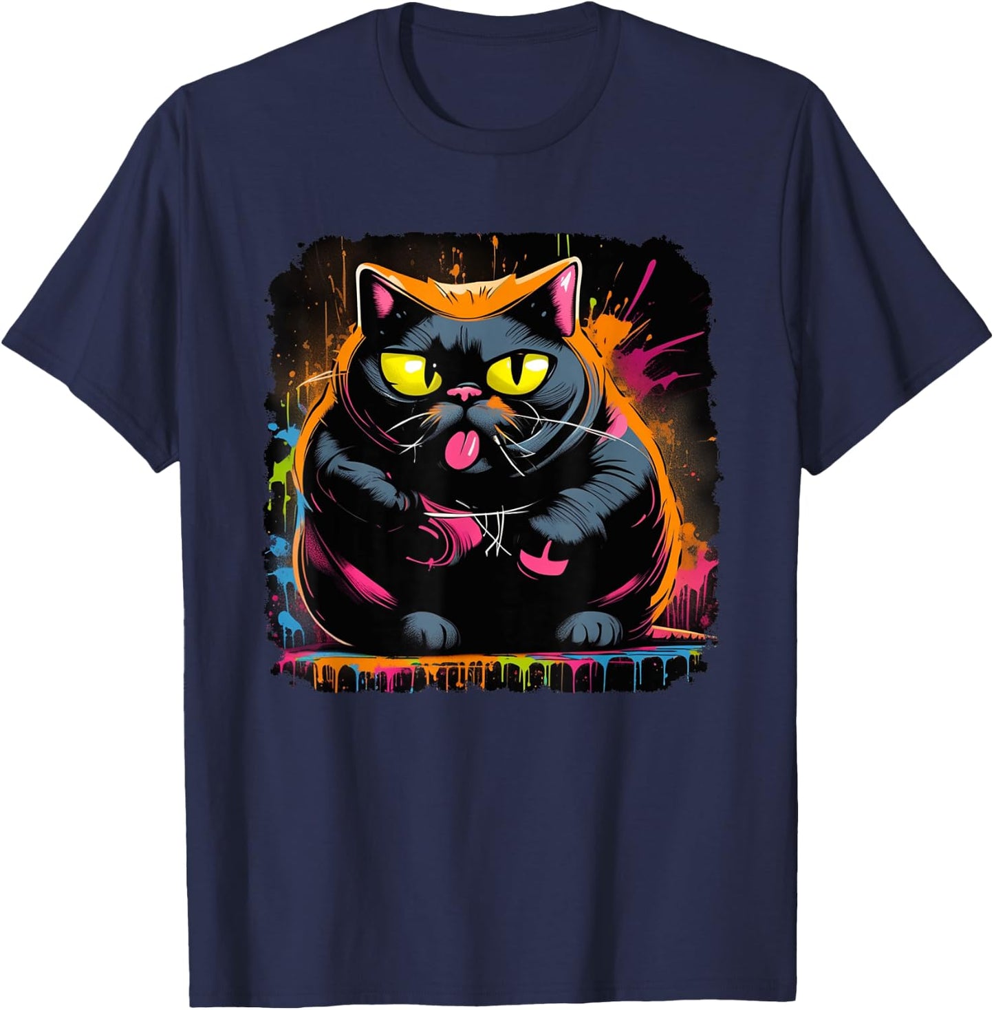 Psychedelic Trippy Blacklight Poster Cat Illustration , black T-Shirt - T-Shirt | Navy