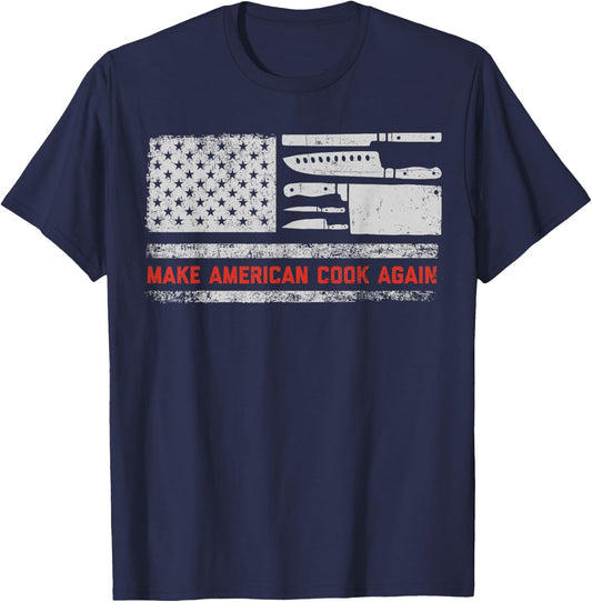 Chef American Flag Make America Cook Again Funny 4th of July Women Kids Men T-Shirt - T-Shirt | Navy