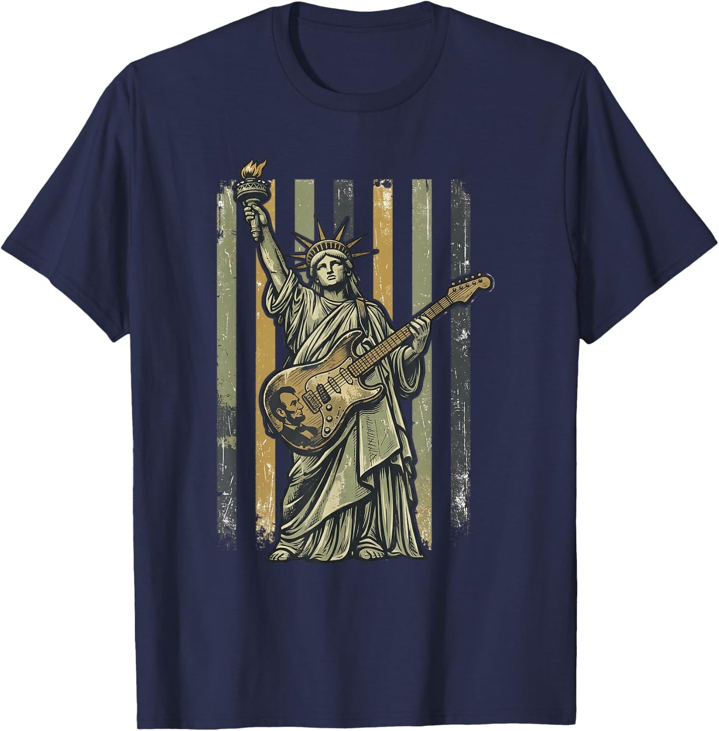 Statue of Liberty Guitar Lincoln Music Lover Rock On Liberty T-Shirt - T-Shirt | Navy