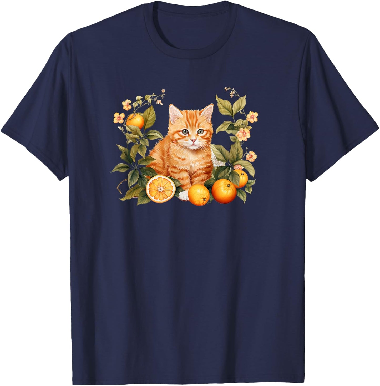 Girls Kids Flowers Orange Tabby Kitten Lover T-Shirt - T-Shirt | Navy