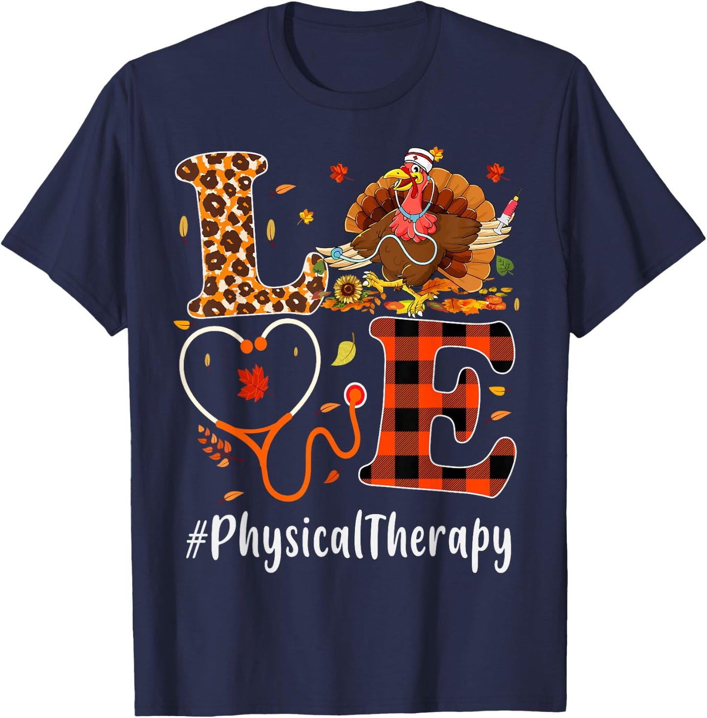 Physical Therapy Love Thanksgiving Leopard Funny Turkey T-Shirt - T-Shirt | Navy