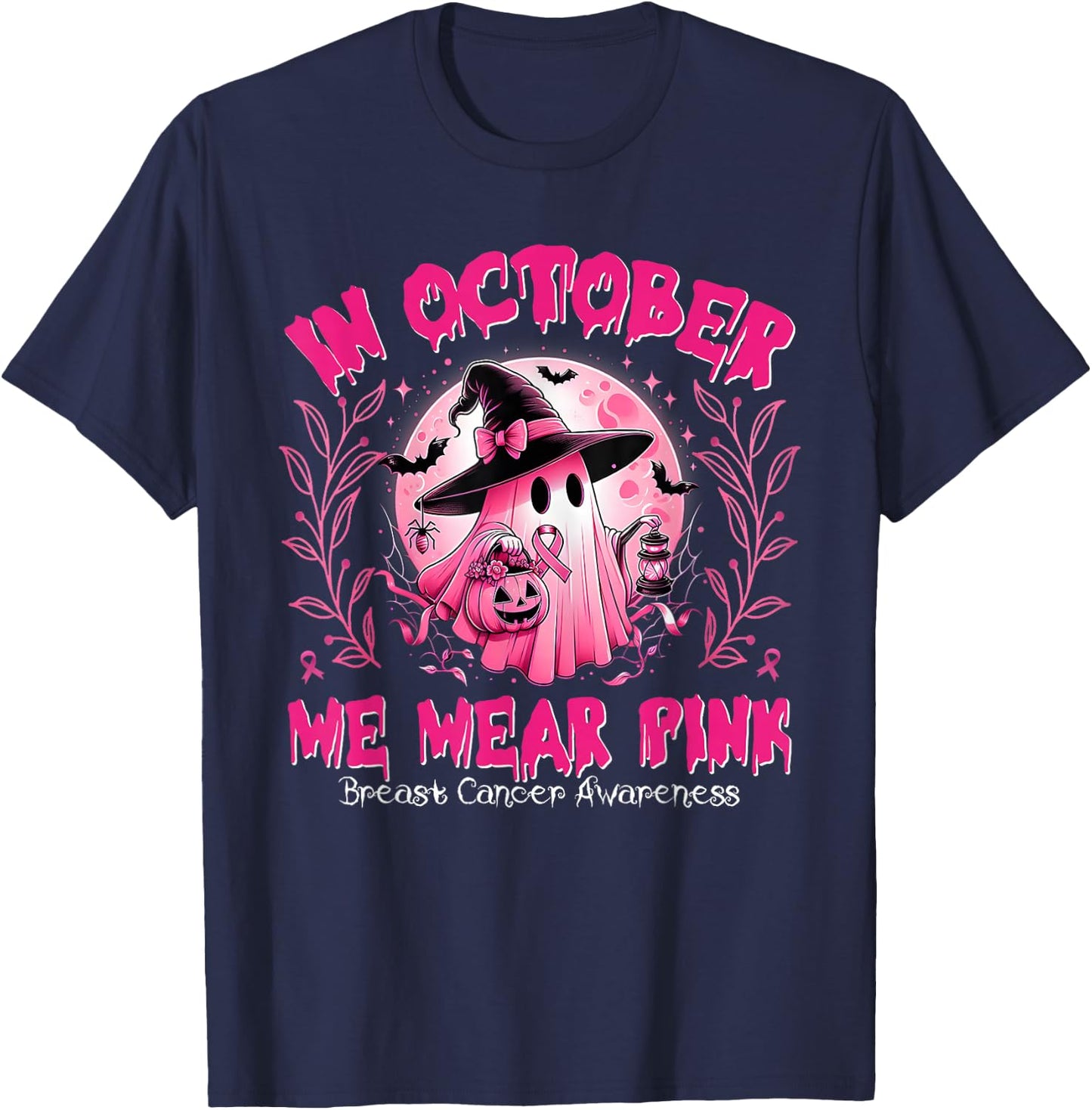 Breast Cancer Awareness In October We Wear Pink Ghost Witch T-Shirt - T-Shirt | Navy