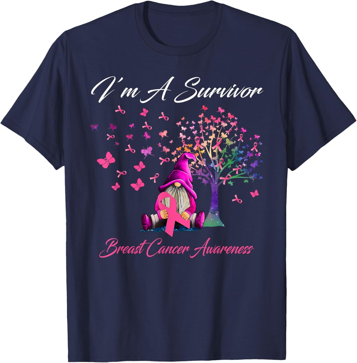 Funny Gnomes I'm A Survivor Breast Cancer Awareness T-Shirt - T-Shirt | Navy