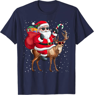 Santa Claus Riding A Reindeer Christmas Boy Girl Kids T-Shirt - T-Shirt | Navy