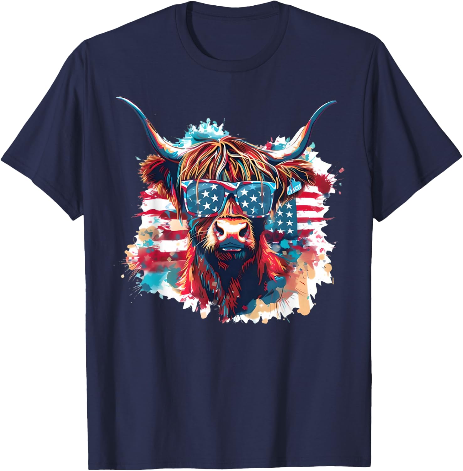 4th of July Highland Cow American Flag Funny Cows Lover Farm T-Shirt - T-Shirt | Navy