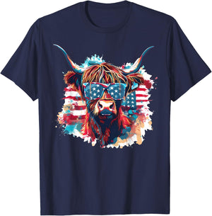 4th of July Highland Cow American Flag Funny Cows Lover Farm T-Shirt - T-Shirt | Navy