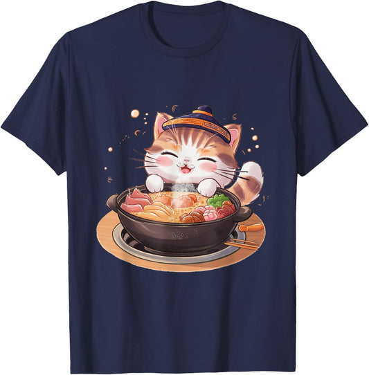 Kawaii Anime Cat Hot Pot Bowl Cute Feline Eats Chinese Food Men Women Kids T-Shirt - T-Shirt | Navy