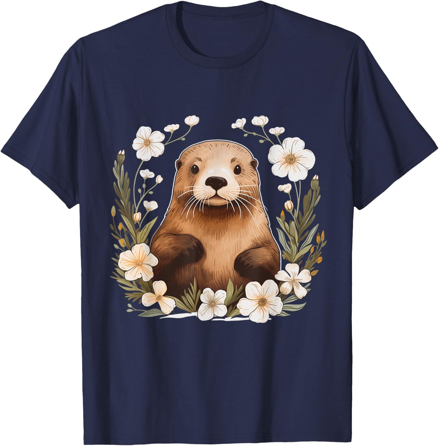 Otter Floral Artwork Vintage Flowers Cute Sea Otter T-Shirt - T-Shirt | Navy
