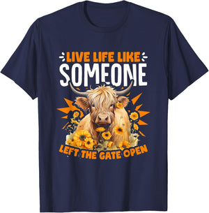 Live Life Cute Farm Cows Cattle Scottish Highland Cow T-Shirt - T-Shirt | Navy