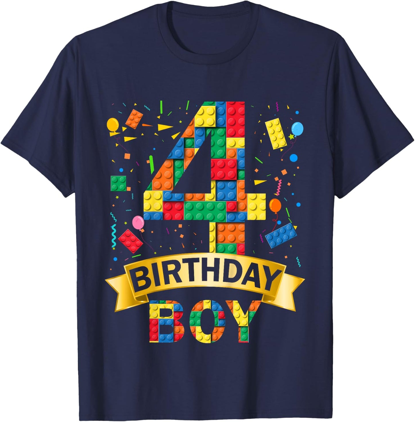 Kinder 4rd Birthday Boy 4 Year Old Building Blocks 4th Birthday Boy T-Shirt - T-Shirt | Navy