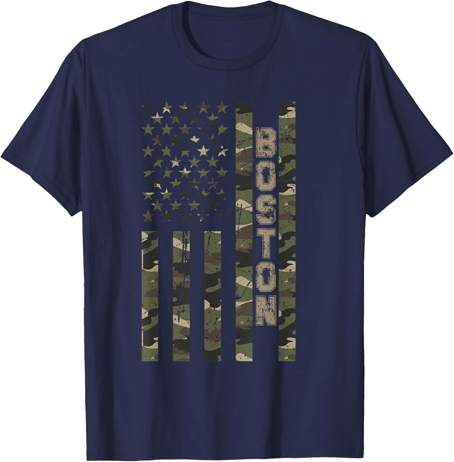 Boston United States Distressed Camo w US Flag T-Shirt - T-Shirt | Navy
