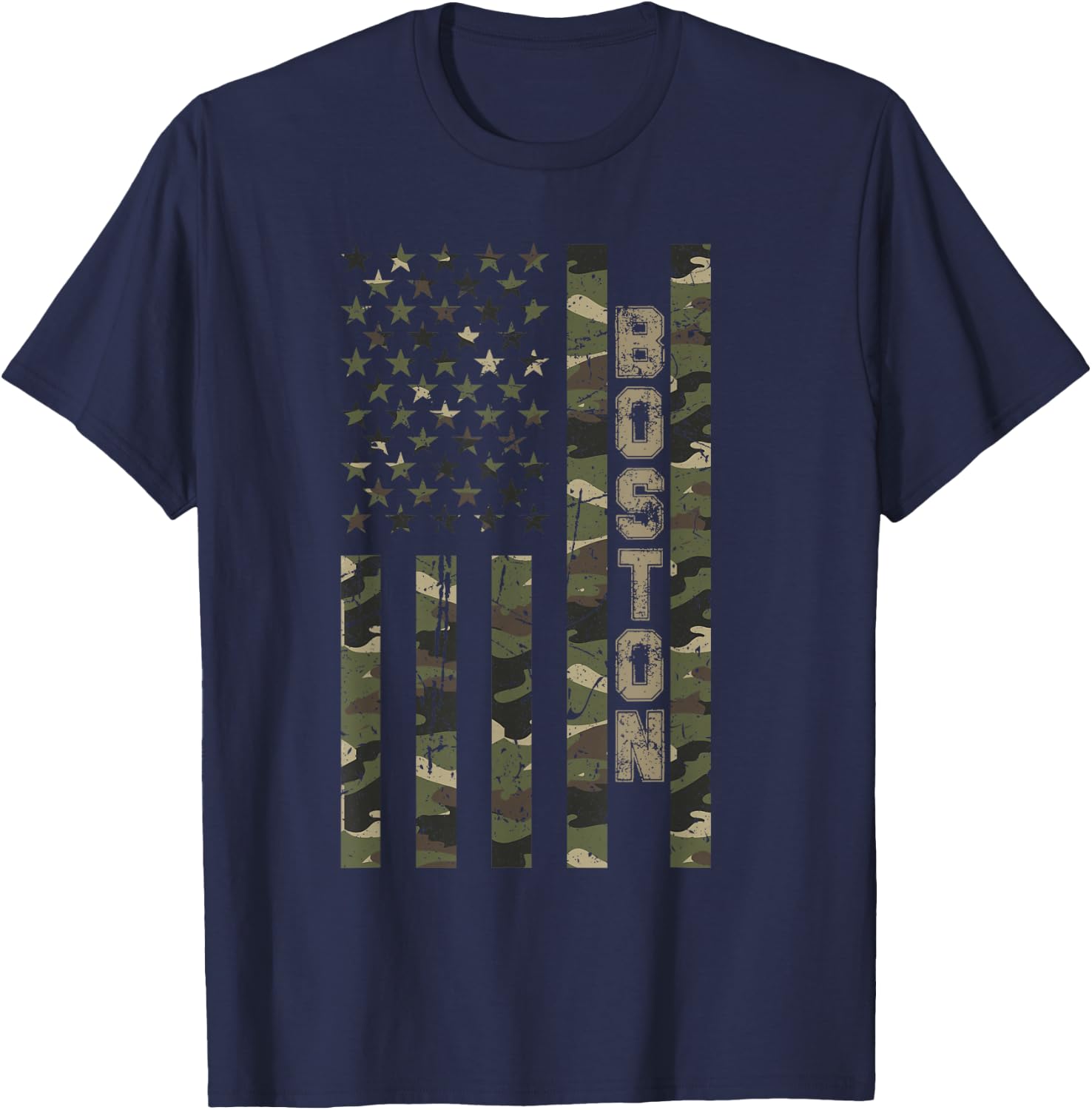 Boston United States Distressed Camo w US Flag T-Shirt - T-Shirt | Navy