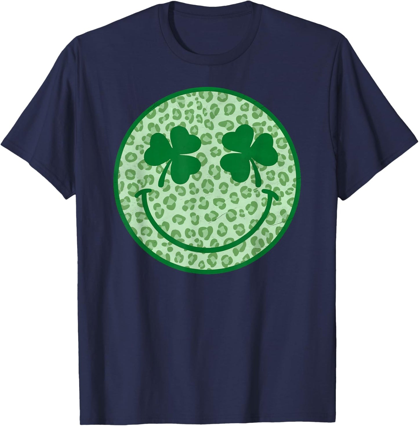Smile Happy St Patricks Day Retro Shamrock Leopard T-Shirt - T-Shirt | Navy
