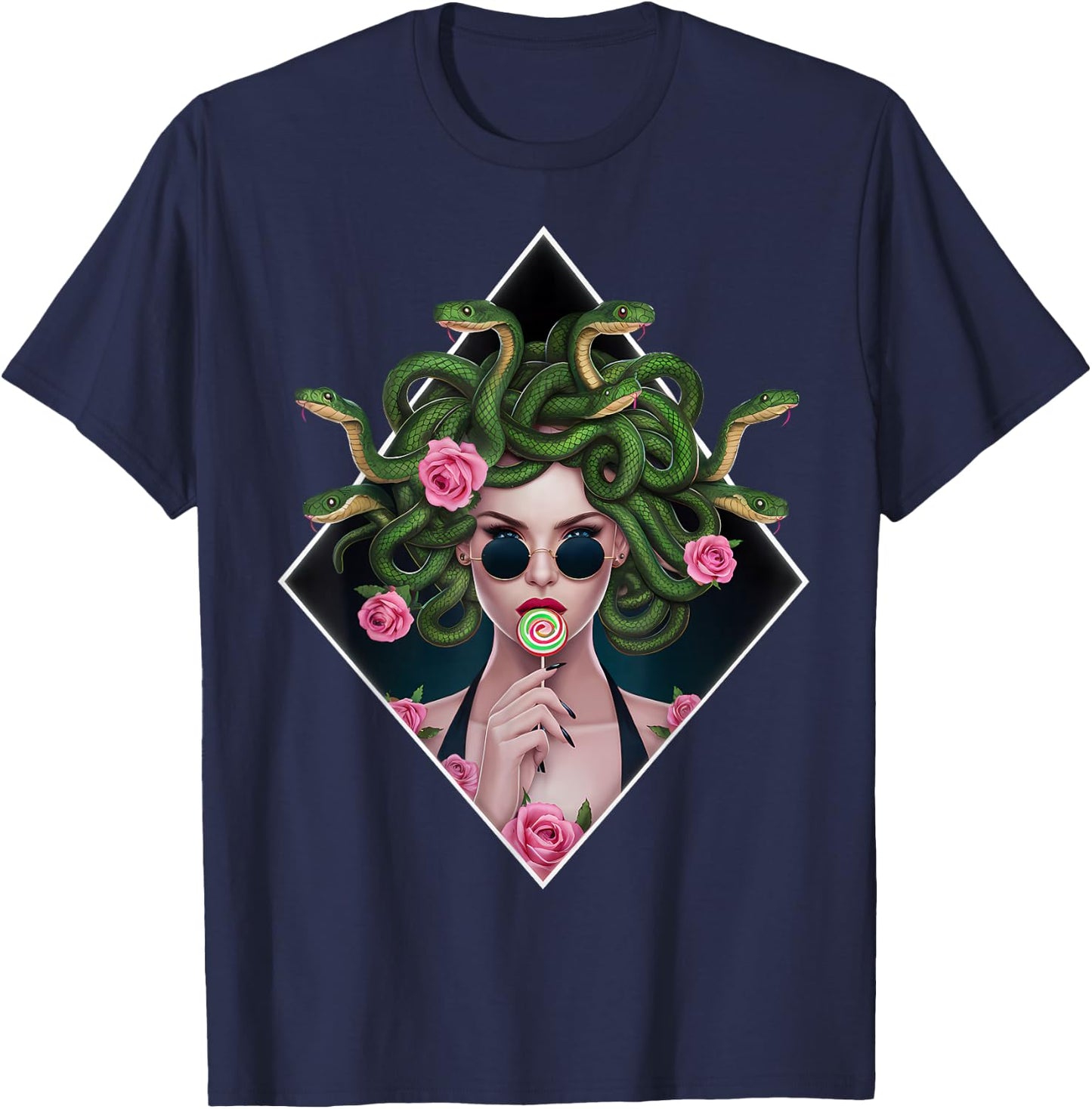 Medusa Snakes Roses Lollipop Floral Greek Mythology T-Shirt - T-Shirt | Navy