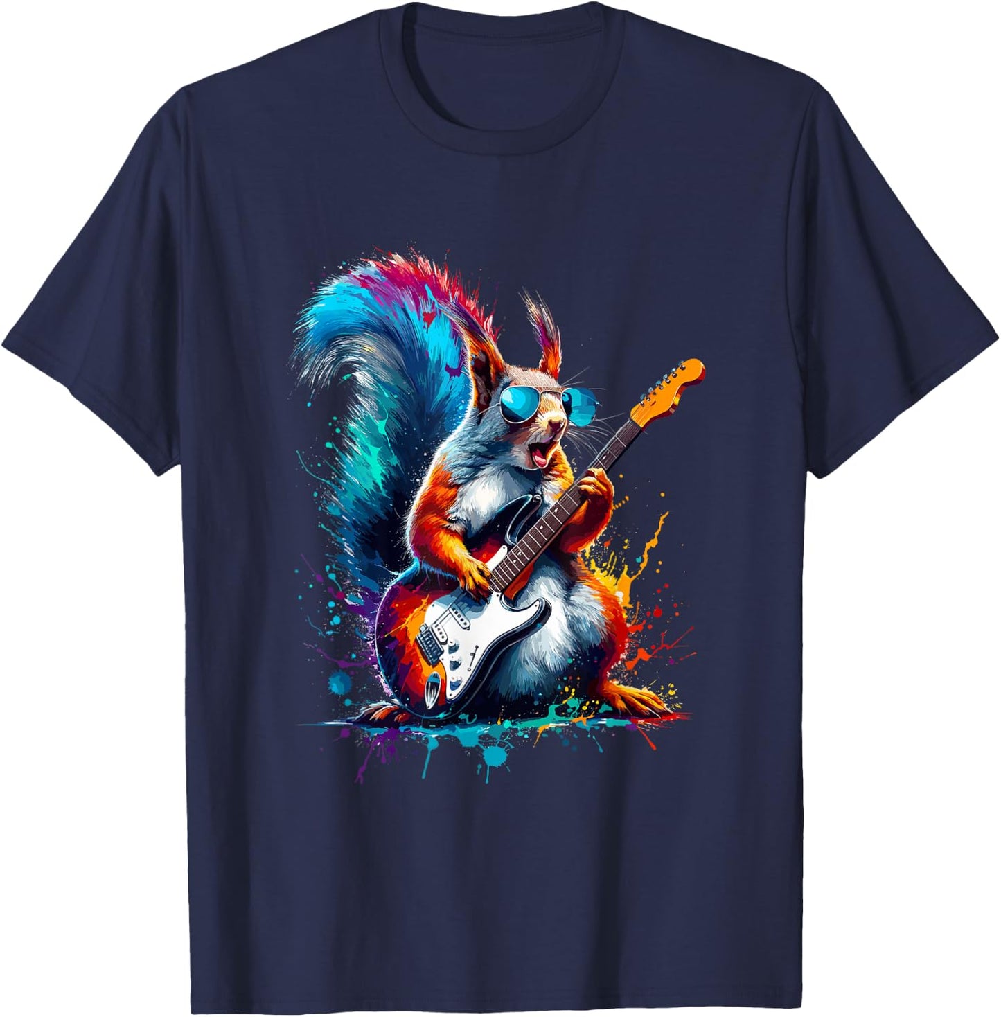 Colorful Splash Art Squirrel Guitarist Electric Guitar T-Shirt - T-Shirt | Navy