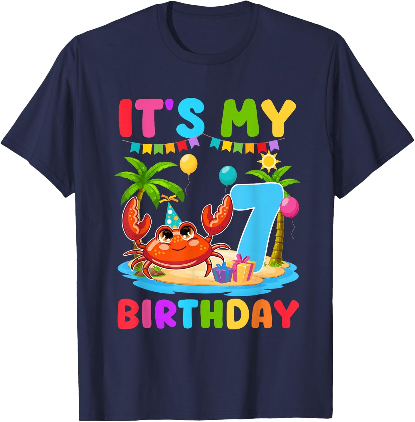 7th Birthday Crab Themed Summer Beach Party 7 Year Old T-Shirt - T-Shirt | Navy