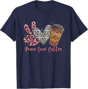 Leopard Peace Love Coffee Leopard-Print Heart Coffee Lovers T-Shirt - T-Shirt | Navy