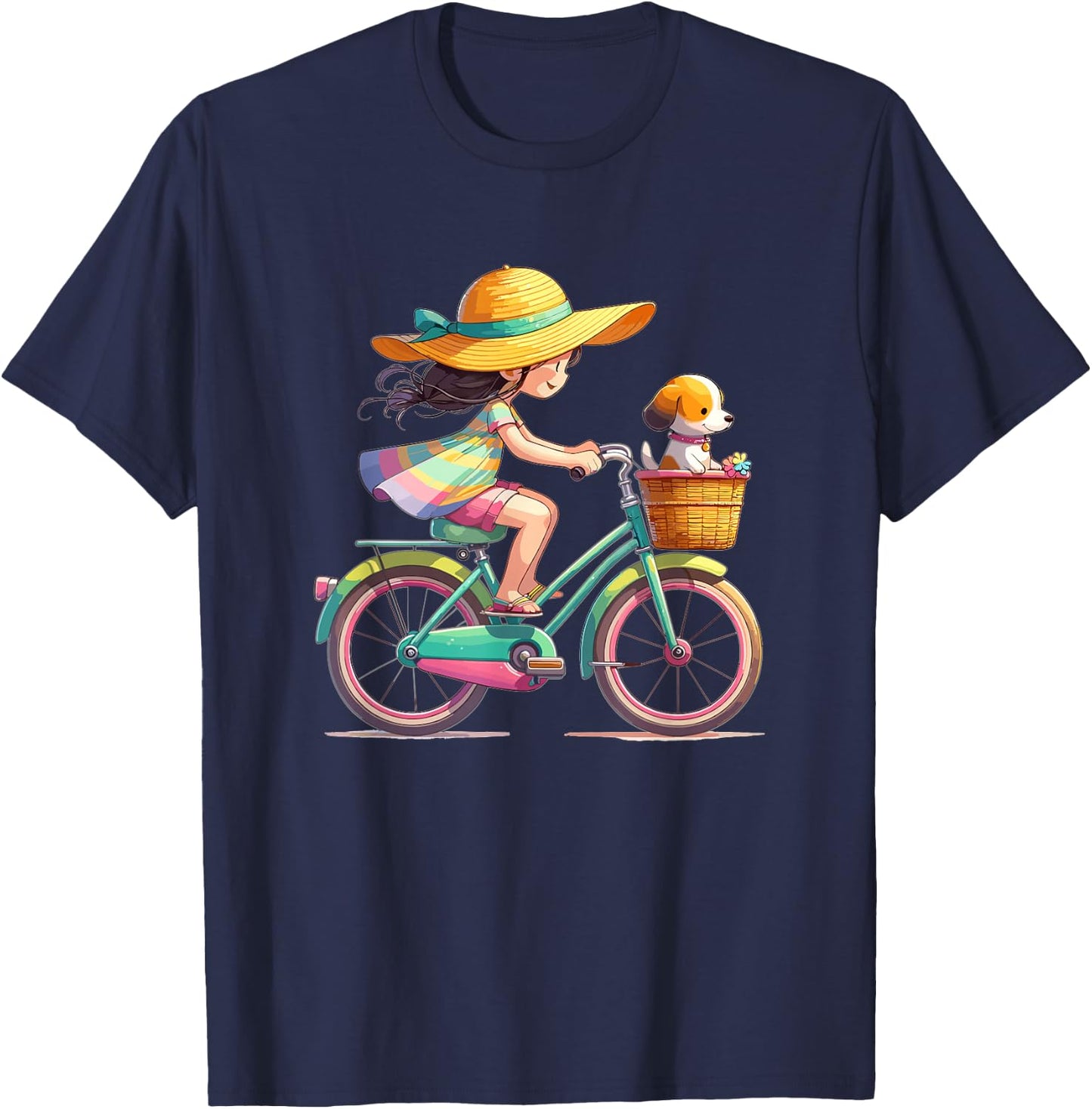 Girl on Bicycle with Little Dog in Bicycle Basket , black T-Shirt - T-Shirt | Navy
