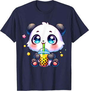 Kawaii Panda Drinking Boba Bubble Cute Anime for Kids T-Shirt - T-Shirt | Navy