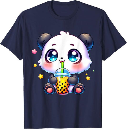 Kawaii Panda Drinking Boba Bubble Cute Anime for Kids T-Shirt - T-Shirt | Navy