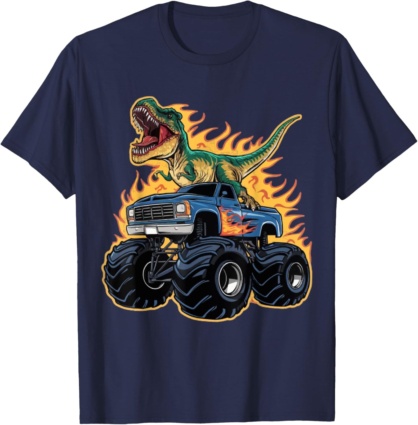 Monster Truck Dinosaur Birthday Party Monster Truck Boy , Black, S T-Shirt - T-Shirt | Navy